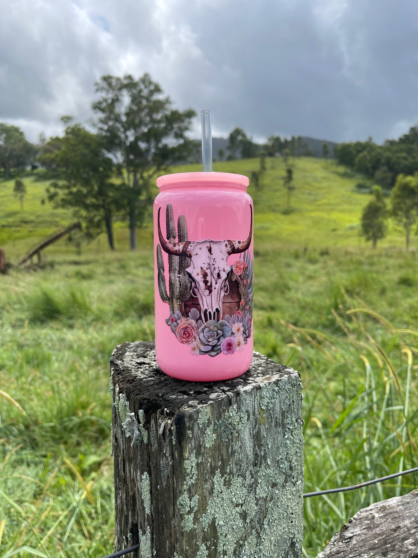 Western Skull 16oz Pink Glass Libbey Cup