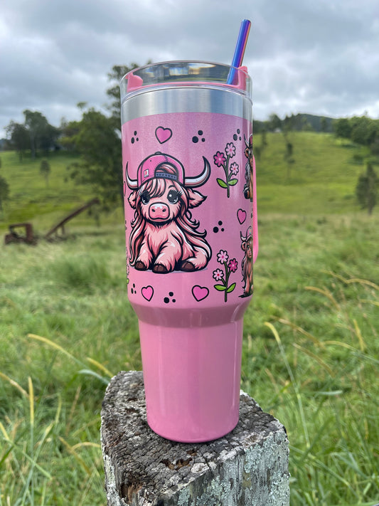 Highland Cow Pink Hat 40oz Stanley Dupe