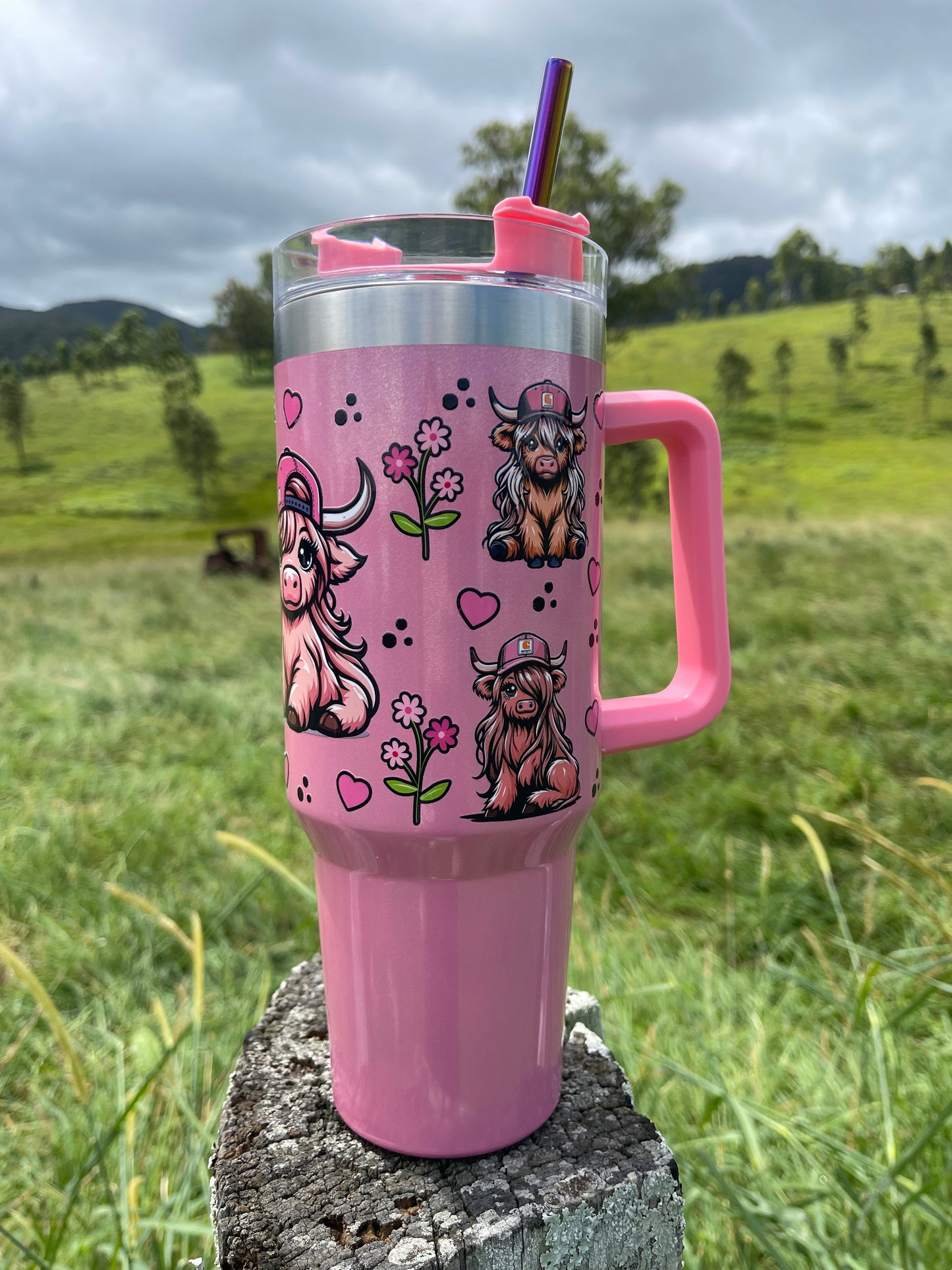 Highland Cow Pink Hat 40oz Stanley Dupe