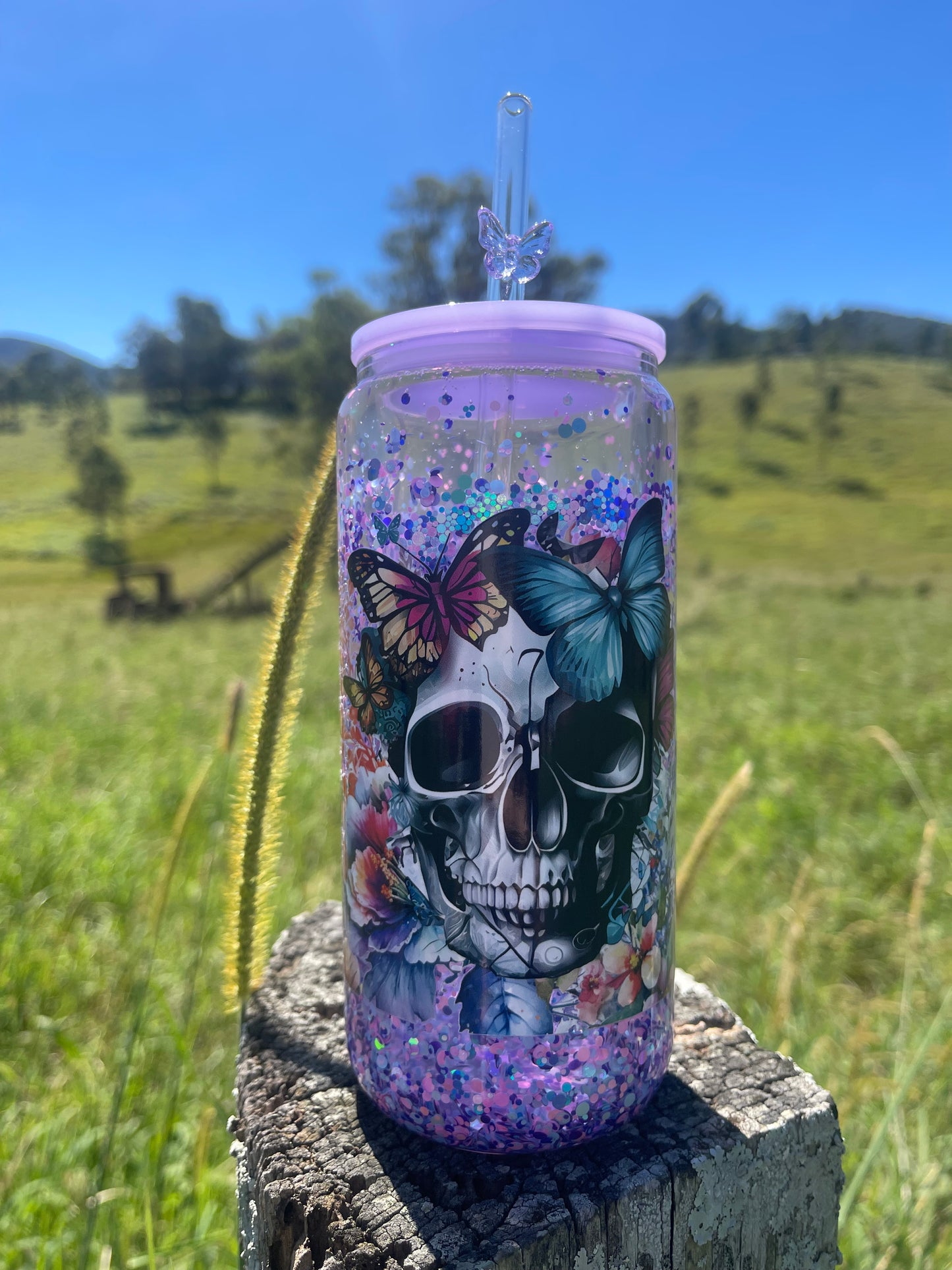 Purple Skull Snowglobe 16oz Glass Cup