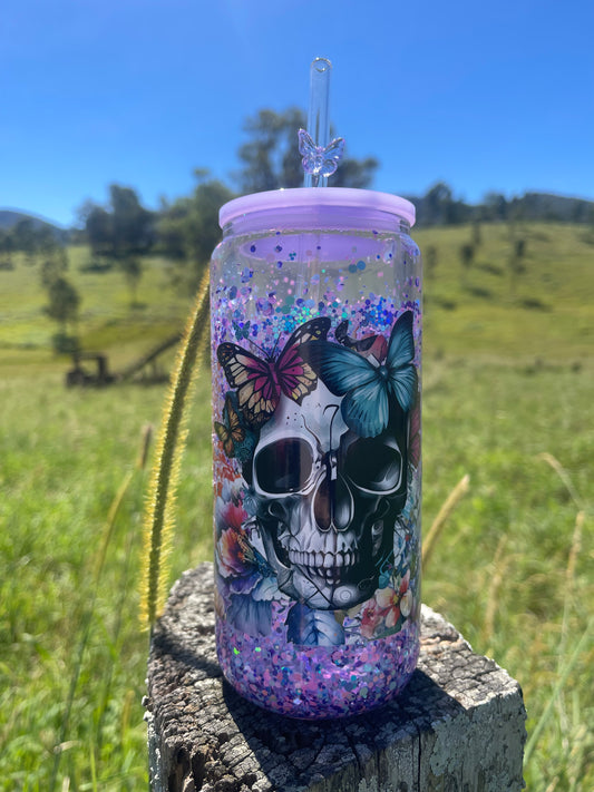 Purple Skull Snowglobe 16oz Glass Cup