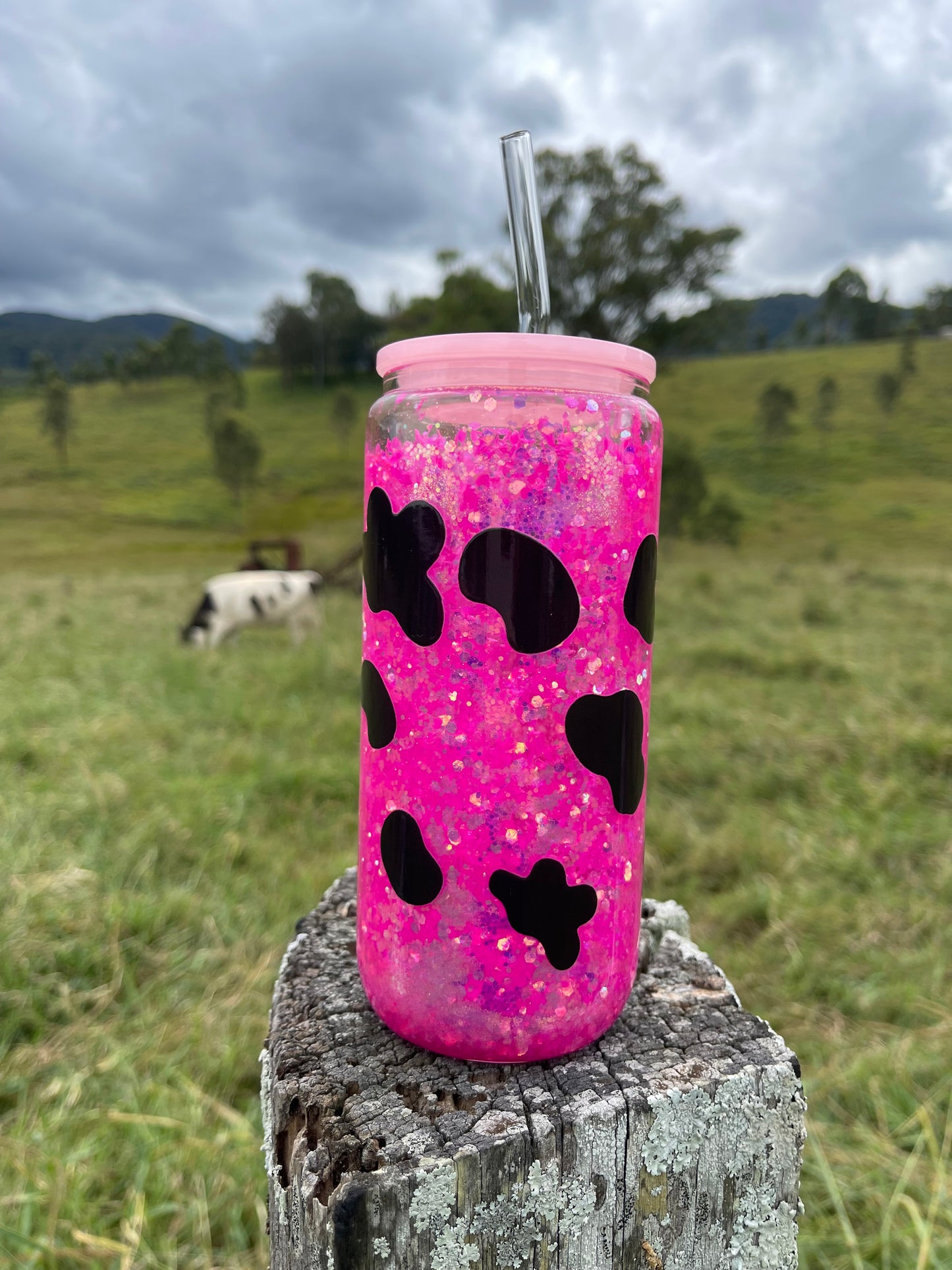 Cute Cow Snowglobe 16oz Glass Cup