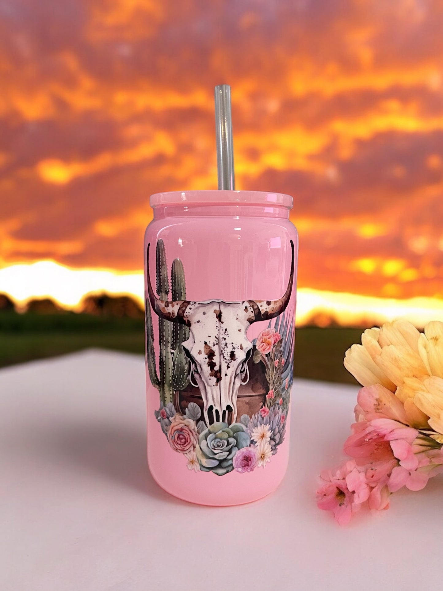 Western Skull 16oz Pink Glass Libbey Cup